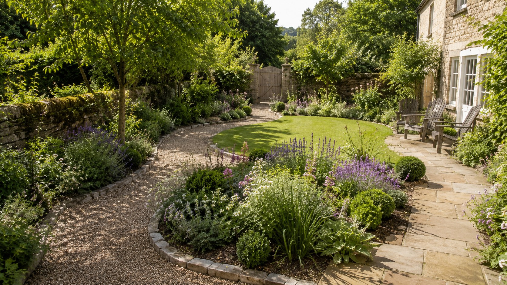 Elegant illuminated garden pathway with structured planting and porcelain paving