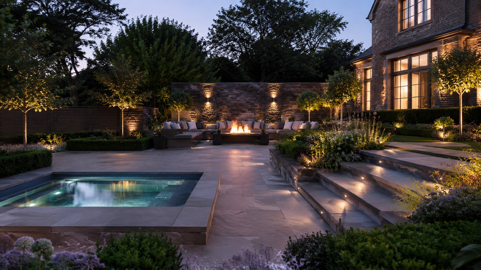 Luxury garden with pool and fire feature