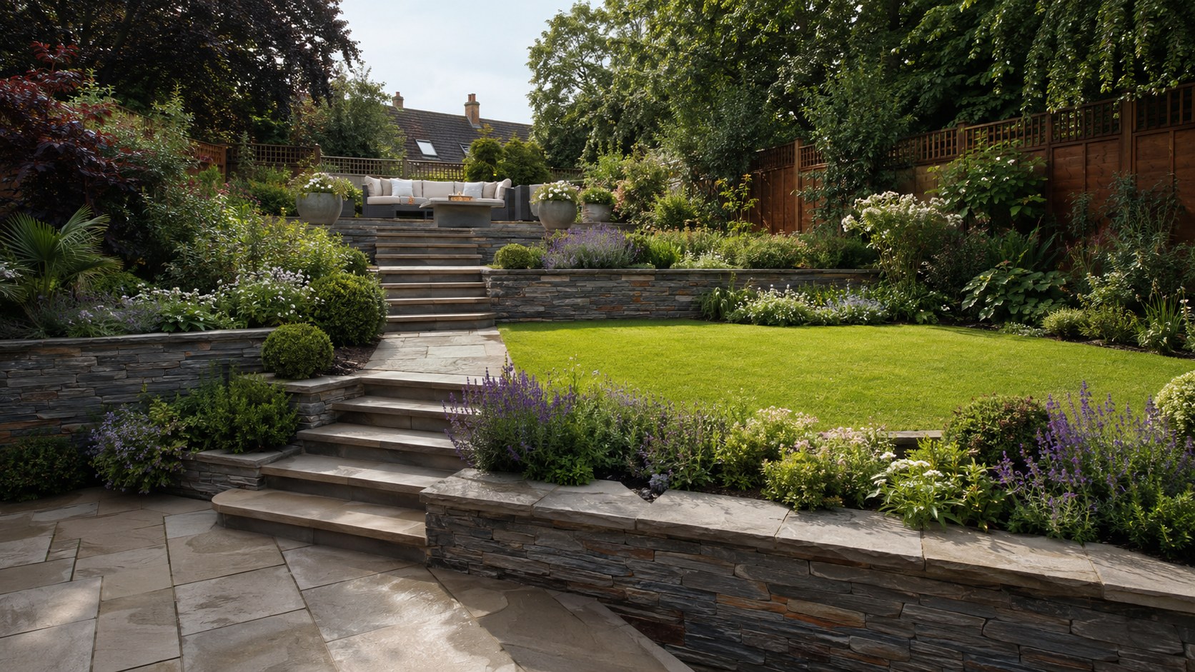 Small courtyard garden with seating and lighting